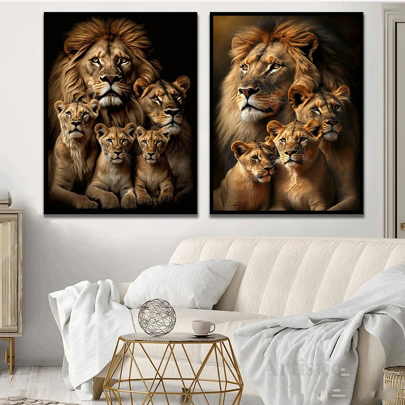 القوة في الوحدة - الأسد الأسرة قماش اللوحة الحيوانات الملصقات يطبع قماش جدار الفن الأسد صور لغرفة المعيشة ديكور المنزل #3