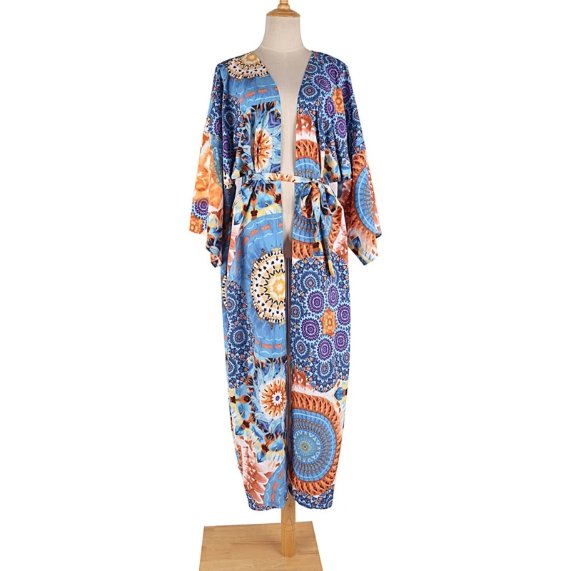 Traje baño largo con estampado colorido para mujer, cárdigan tipo kimono playa fluido, blusa fluida