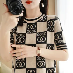 Women's Short-Sleeved O-Neck Pullover, 100% Pure Cotton, Casual Tops, Splicing Color, Knitted T-shirt, Summer Fashion, New