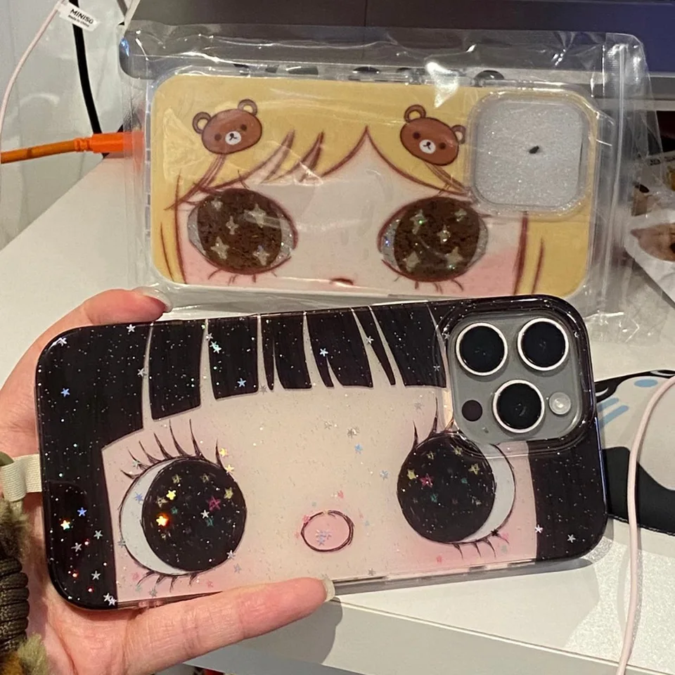 Funda con textura de pluma para iPhone 17e 17 16e 16 15 14 13 12 11 Pro Max Xs XR XSMax Air Plus, diseño de chica de ojos grandes 2