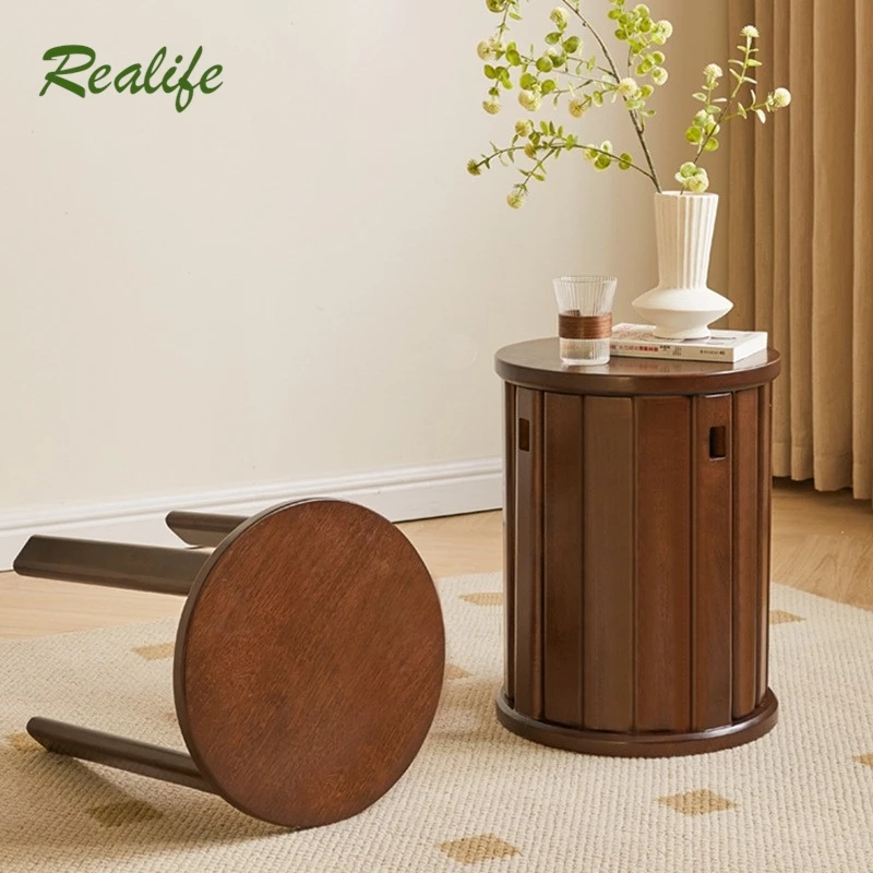 

Realife Solid Wood Round Stool With High Aesthetic Value, Table Stool, Tea Table Integrated Solid Wood Multifunctional Stool New