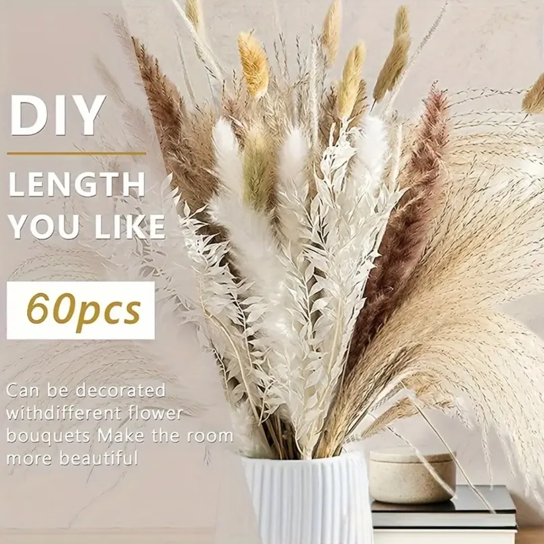 

60 Piece Natural Reed Bouquet Boho Style Perfect for Farmhouse Table Party Home Decor Thanksgiving Birthday Wedding Arrangement