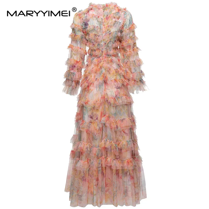 MARYYYIMEI-Vestido Manga Borboleta Feminino, Ruffles em Camadas, Estampado, Magro, Elegante, Festa, Feriado, Designer de Moda, Outono