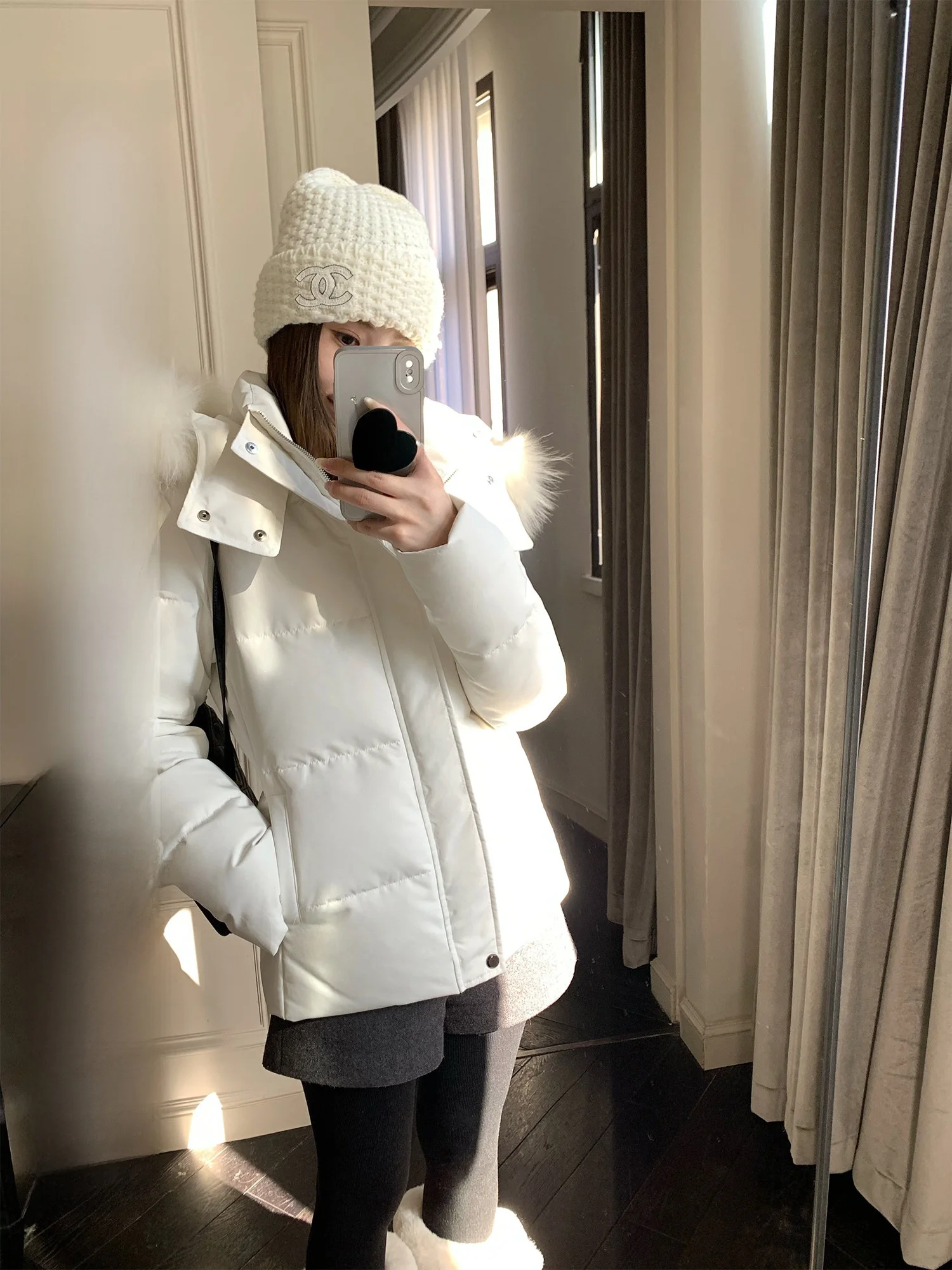

Hhi Women's Puffer Jaet Hooded White Du down Waist-Cinching Fur Collar Warm Slimming Bread Sle Casual Winter Coat