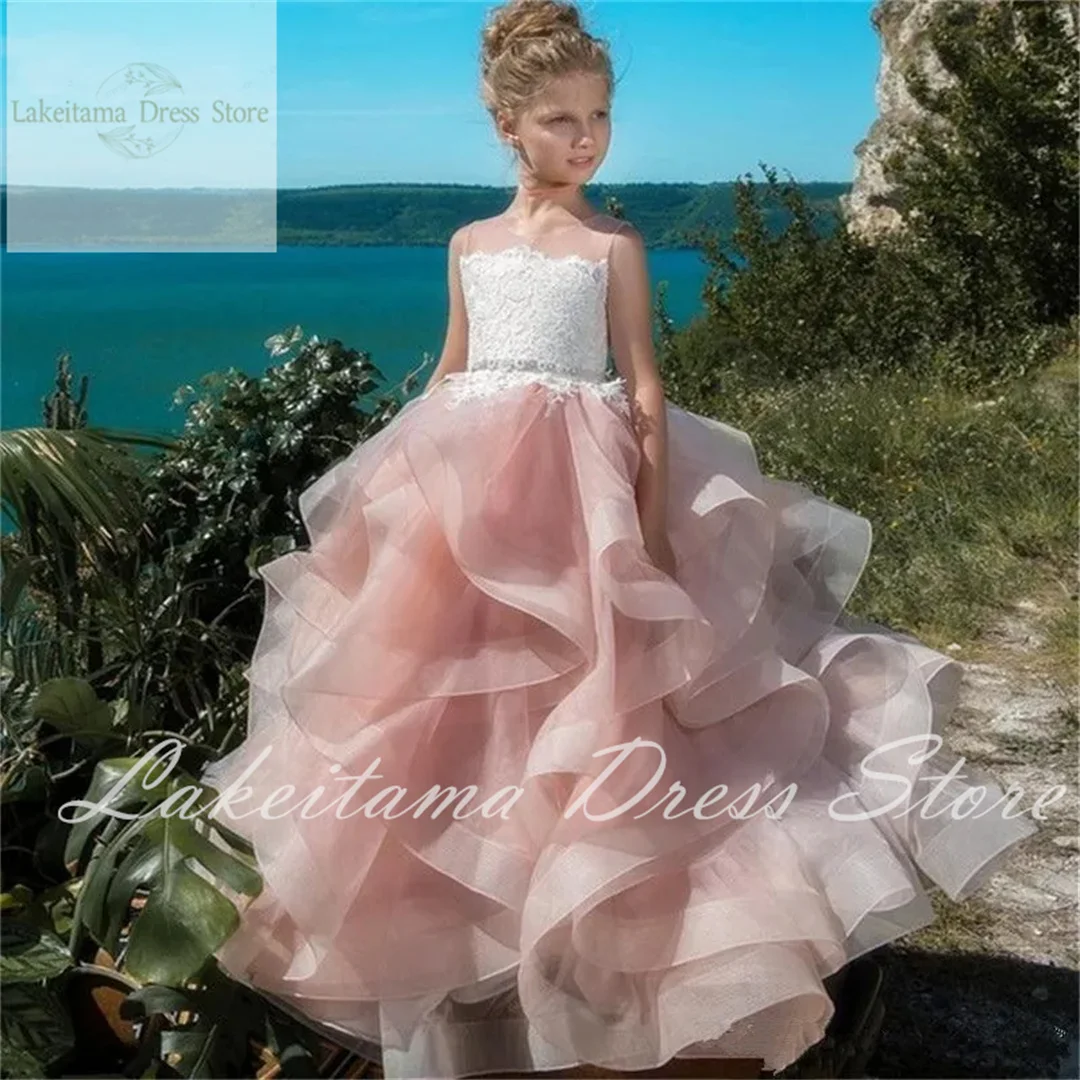 Cute Kids Flower Girl Dresses For Wedding Blush Pink First Communion Gowns For Girls Ruffly Cloud Beaded Princess Pageant Gowns