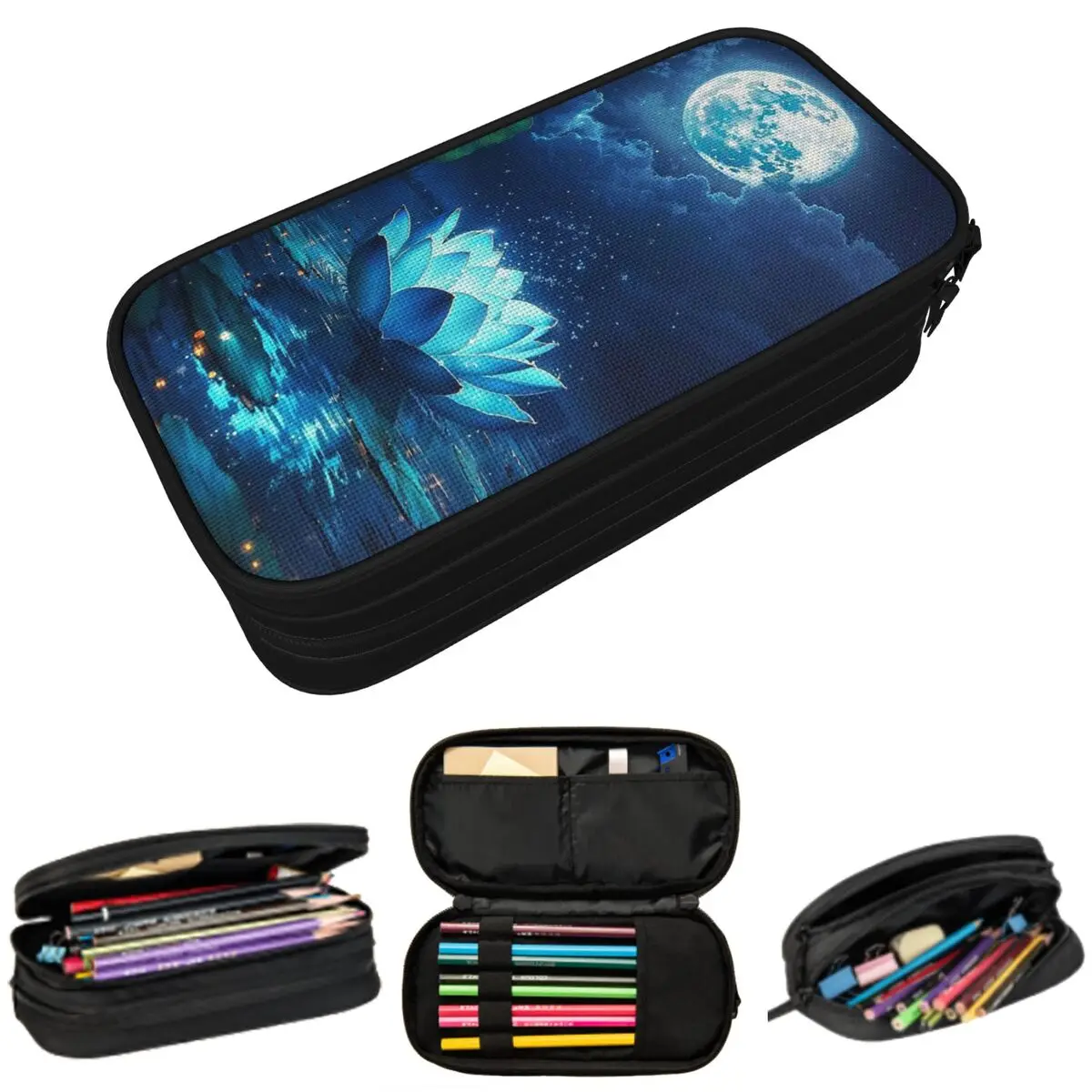 

One Fluorescent Blue Lotus Themed Pencil Case for Boy Girl Gifts Pen Box Pencil Bag Stationery Supplies Pen Holder Bag