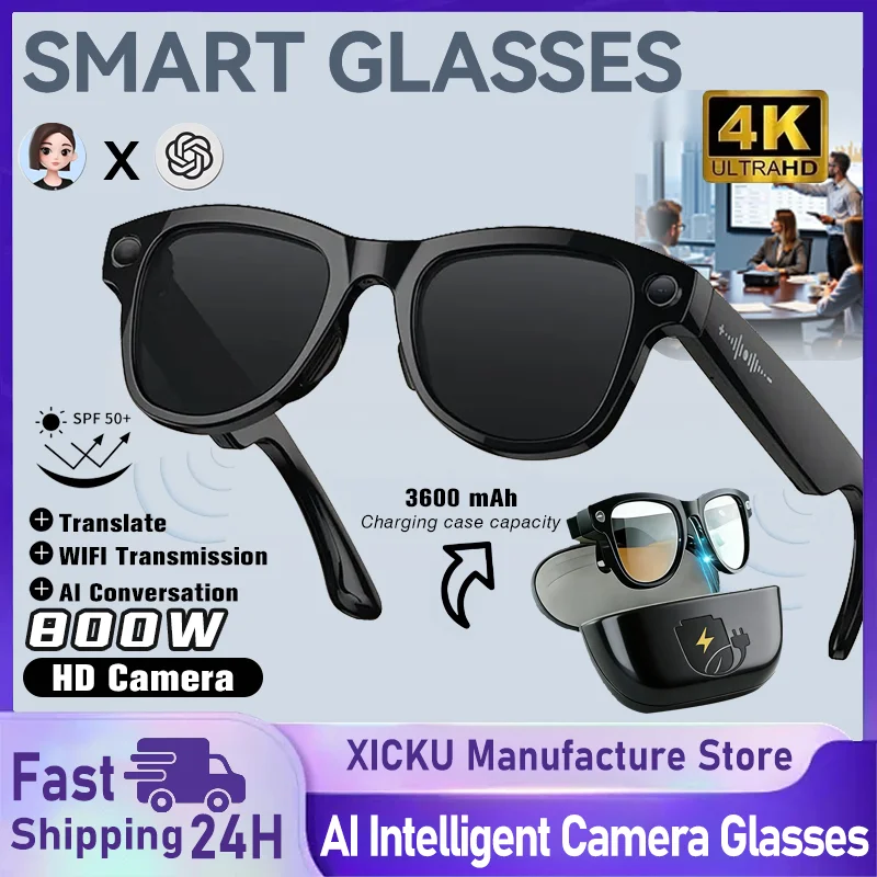 

Умные AI-очки 2-в-1 с 4K-камерой 800 МП, функцией AI-съемки, HD-фото и видео, голосовыми вызовами, переводом, водонепроницаемостью и Bluetooth