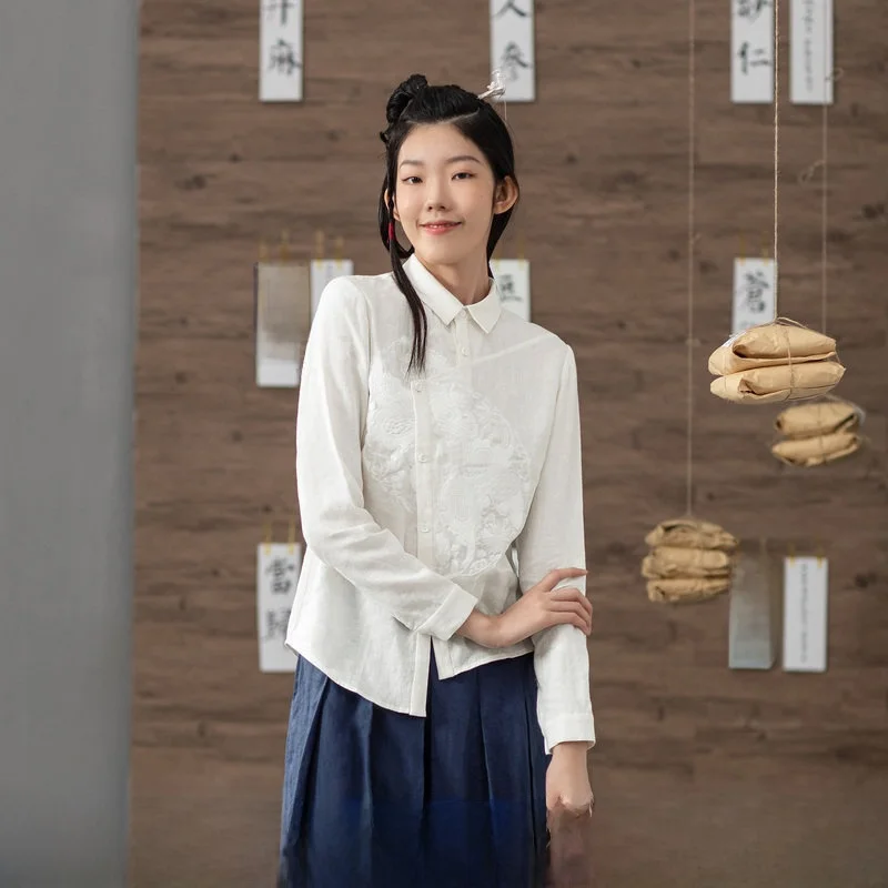 

Retro Embroidered Long Sleeve Linen Shirt Women's Versatile Top Design Sensation Autumn Winter New Arrival Fashionable Casual...