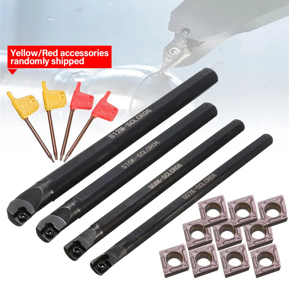 

4 Set of 7/8/10/12mm SCLCR Lathe Boring Bar Turning Tool Holder +10Pcs CCMT 0602 Inserts Blades Machine Turning Tool Holder Set