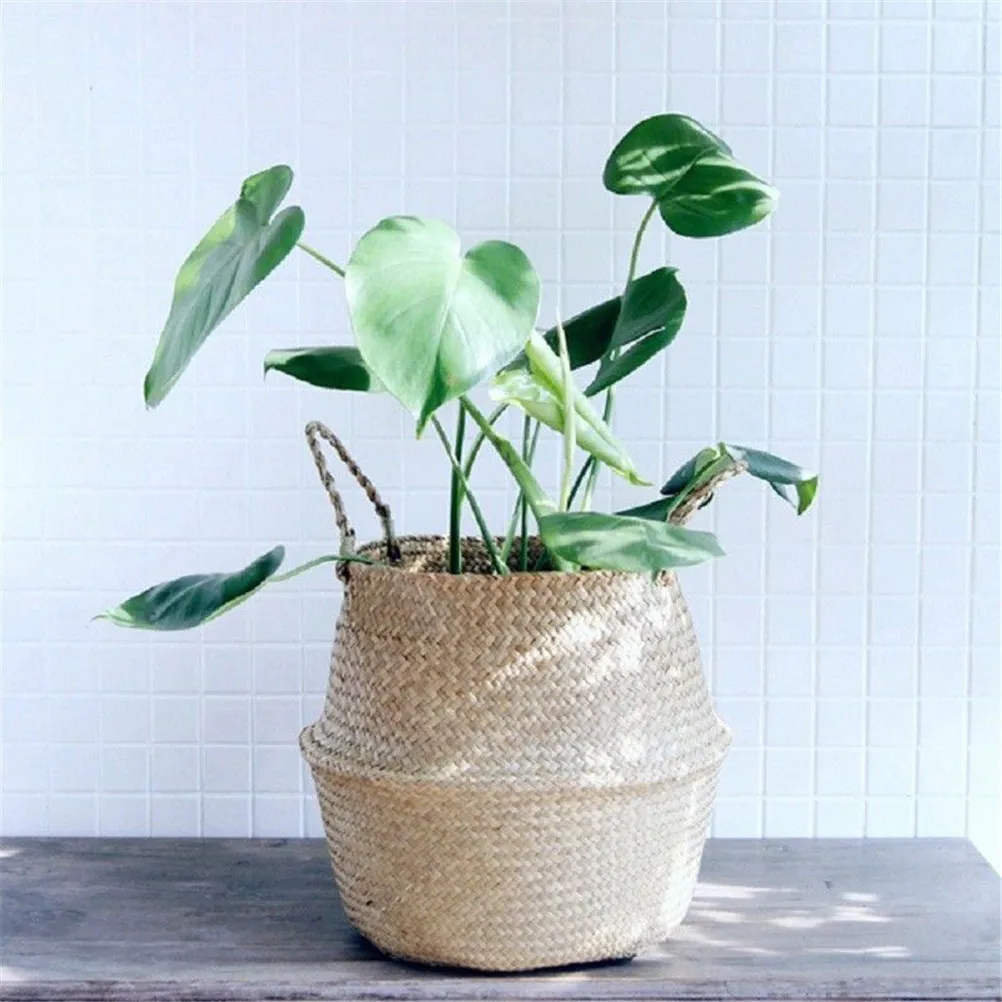 Basket Rattan Folding Wicker Handle Round Natural Sea Grass Plant Storage Wood Garden Flower Pot Decoration Modern Compilation