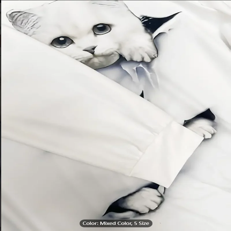 Women's White Sweatshirt with 3D Cat Breakthrough Graphic Print Casual Pullover Top Casual Long Leeve Machine Washable