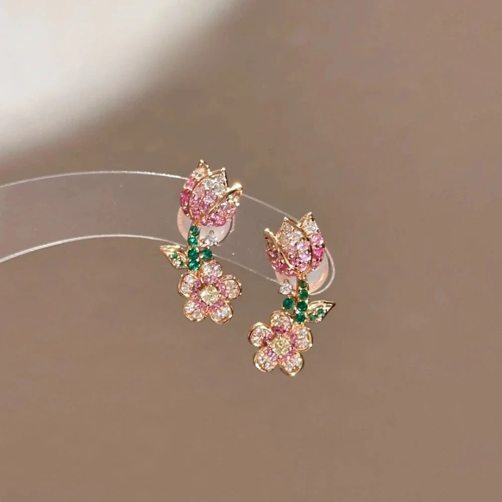 925 Sterling Silber Halskette mit Farbverlauf Rosa Diamantblume, Vintage Ohrstecker, Edelstein-Set für Damen – Detail 4