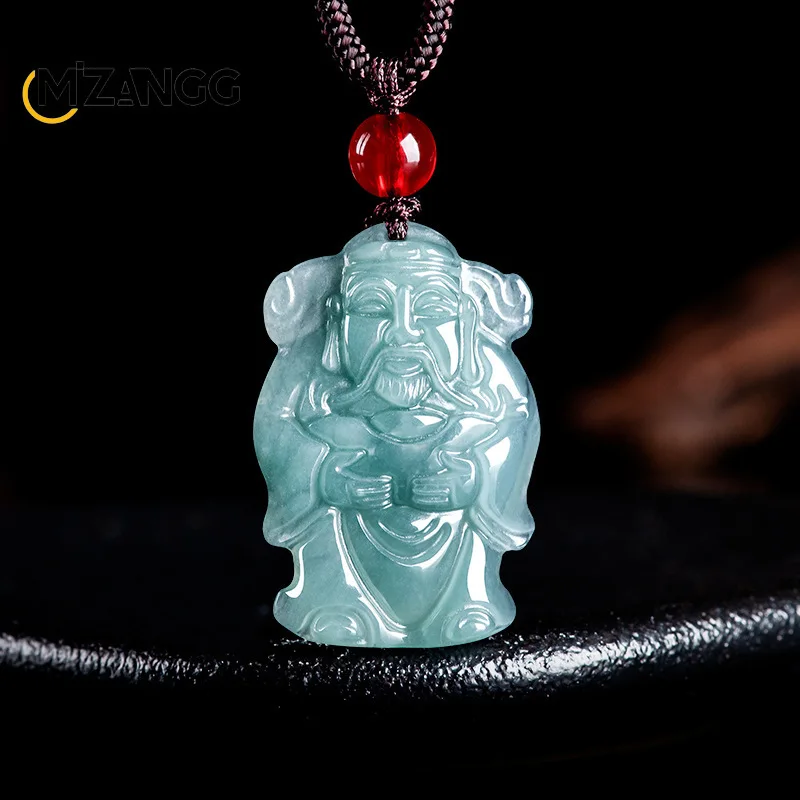 Natural A Goods Jade Blue Water Small God of Wealth Pendant Wealth Ice Fashion Men and Women Necklace Jewelry Lucky Amulet