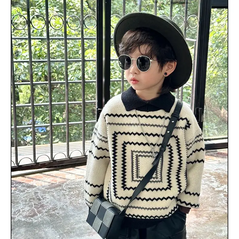 Collar Knitwear Korean Baby Retro Style Boy Spring and Autum Knitwear Lapel Trendy Baby Sweater Kids Clothes Christmas 7 8Years
