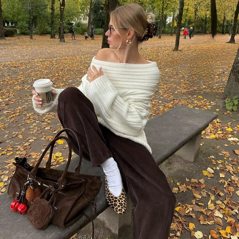 

Knit Sweater Pullover For Women Loose Off-Shoulder Ribbed Long Sleeve Fashion Streetwear Knitwear Casual Autumn Sweater