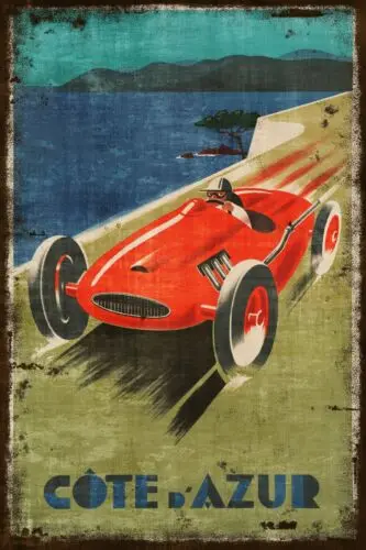 La Cote D'Azur Racing Car Advert, Aged Look, Vintage Retro Style Metal Sign