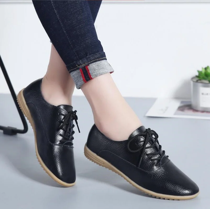 New Genuine Leather Shoes Woman Soft shoes for Women Flats shoes size 36-41 Ladies Lace Up Non-Slip Loafers