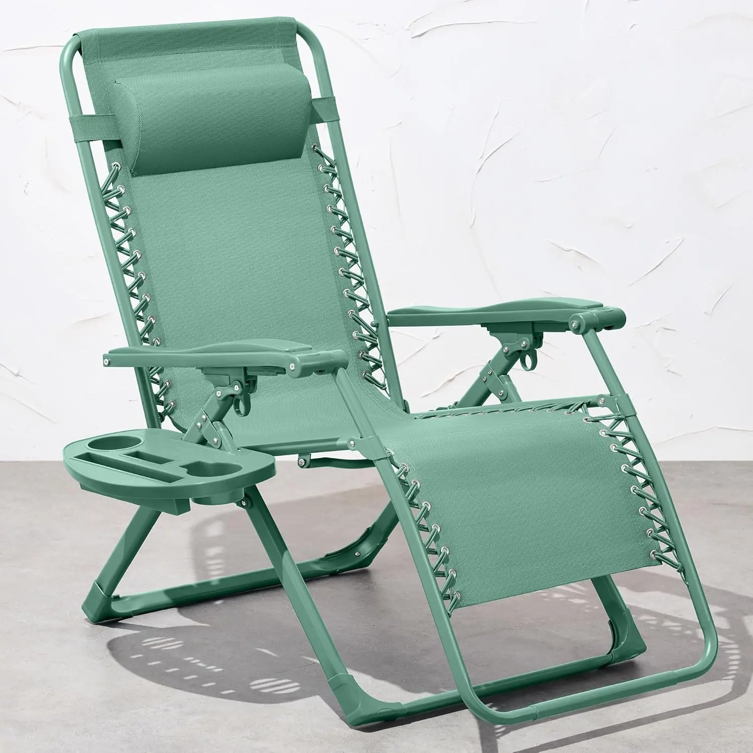 Adjustable Premium Color Zero Gravity Chair, Monochromatic Folding Patio Recliner w/Side Tray, Headrest - Seafoam image 2