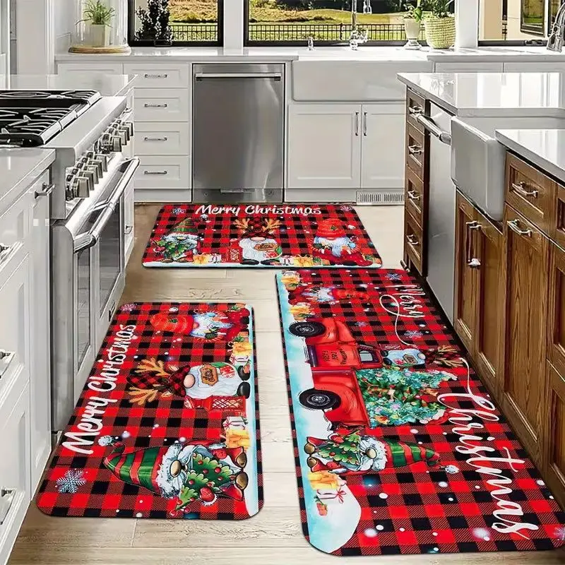 VIKAMA Xmas Gnome Kitchen Rug Set Buffalo Plaid Red Truck Non Slip Waterproof Mat For Kitchen Hallway Holiday Home Decoration