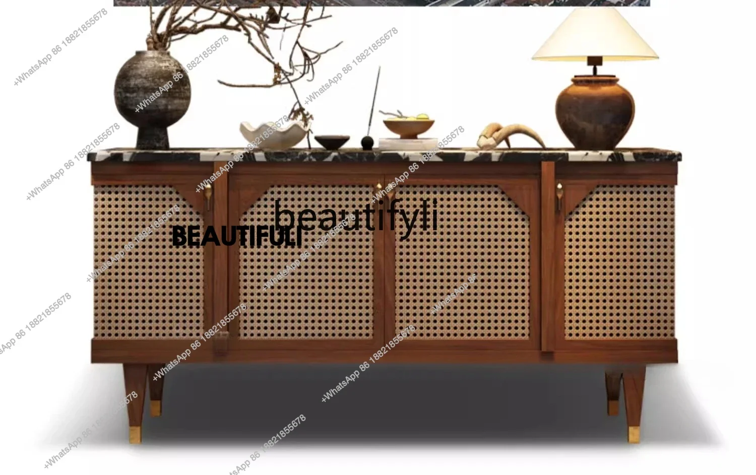 

ss8350 Medieval style solid wood entry porch cabinet villa living room marble dining side cabinet wabi sandy wind, rattan locker