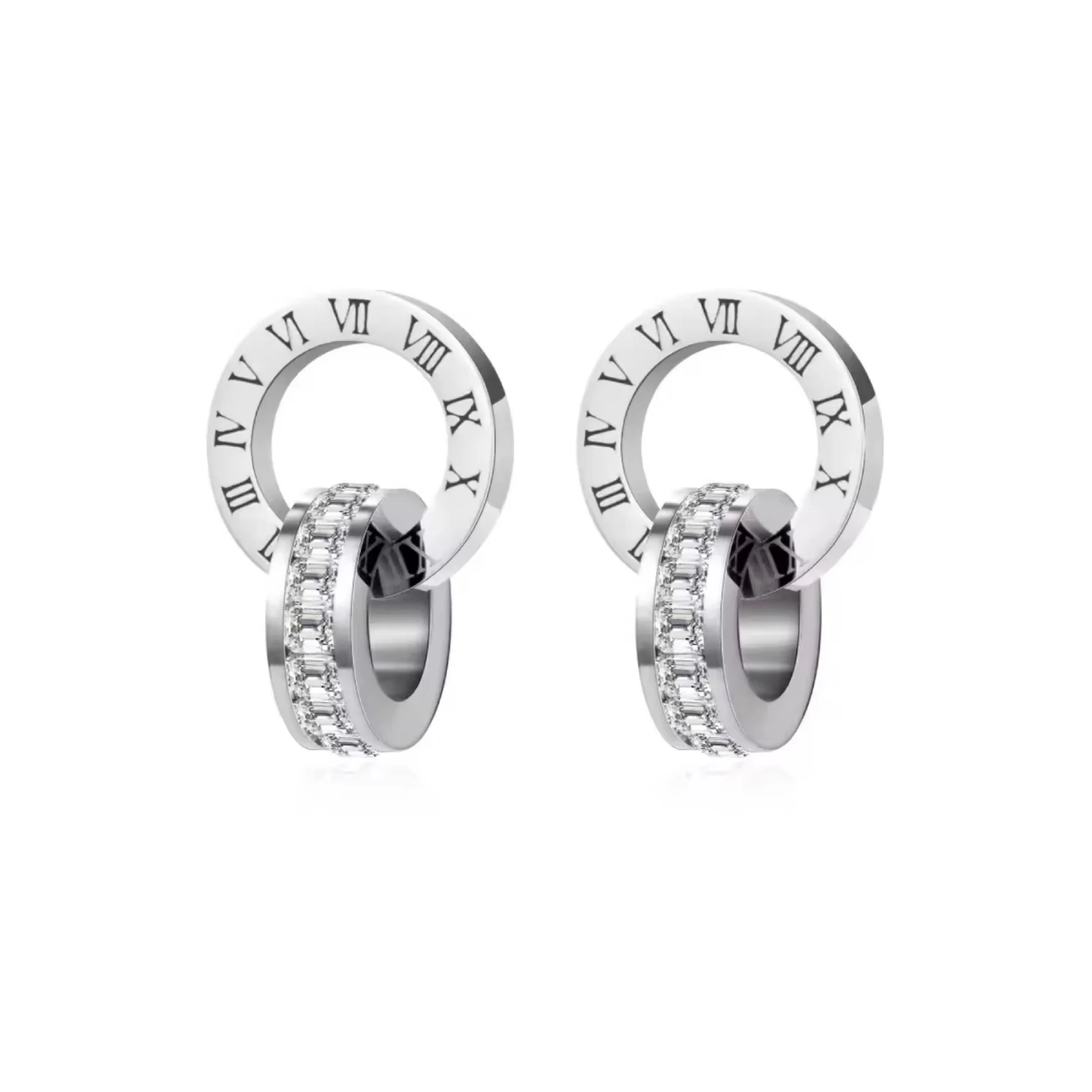 Römische Ziffern Doppelring Ohrstecker für Frauen Ineinandergreifende Kreisohrringe Edelstahl Modeschmuck Geschenk – Detail 1