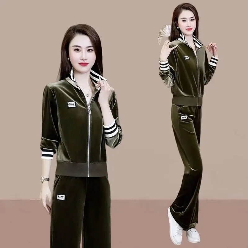 Spring and Autumn Set Gold Velvet Women's New High end Fashion Slim fit Top+Fashion Wide Leg Pants Two piece Set