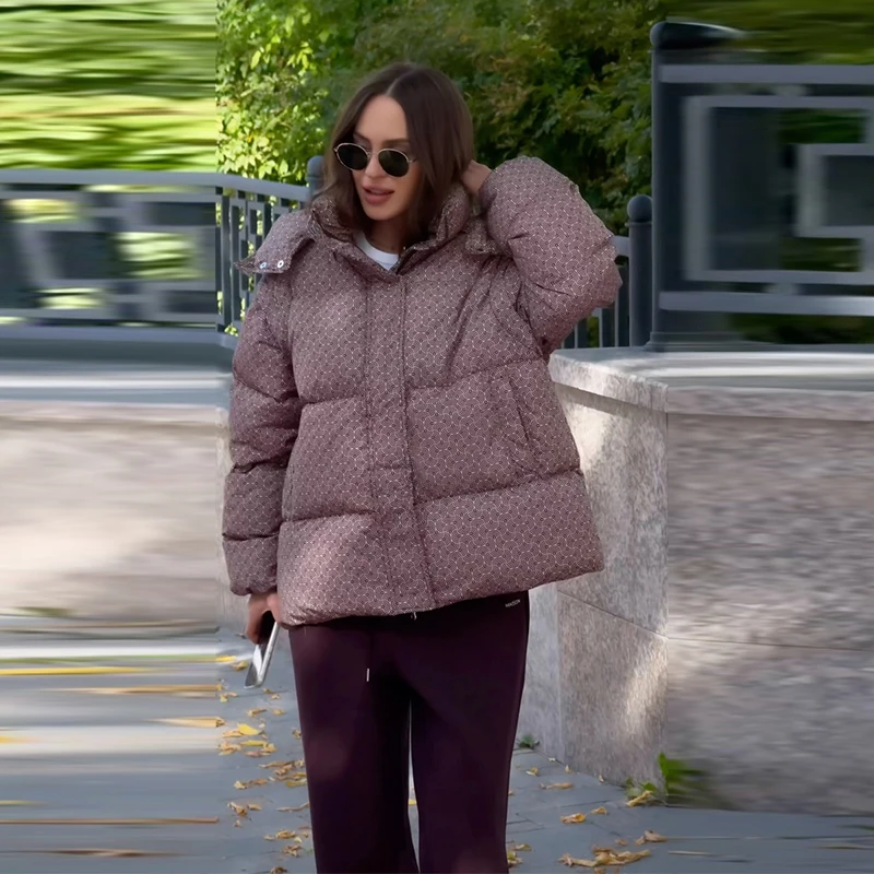 Bedruckte Damen-Pufferjacke mit Kapuze, Reißverschluss vorne, Langarmjacke, Oversize-Freizeitmantel, 2026, warme, modische Streetwear-Oberbekleidung – Detail 4