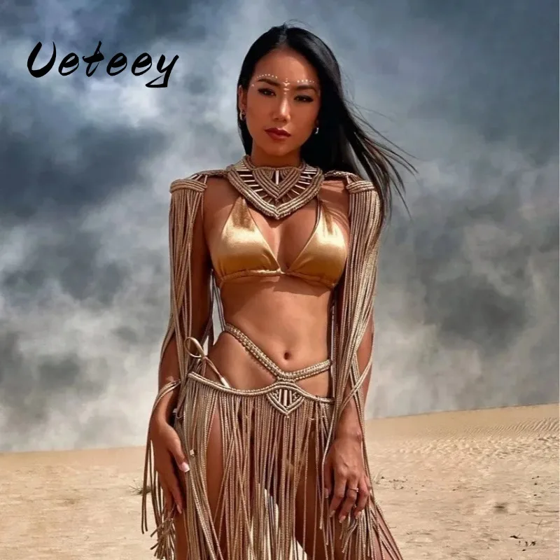 

Ueteey Bikini Cover Ups Hand Crochet Knitted Women 2025 Summer Holiday Tassel Beach Bathing Suit Hollow Out Skirts Matching Set