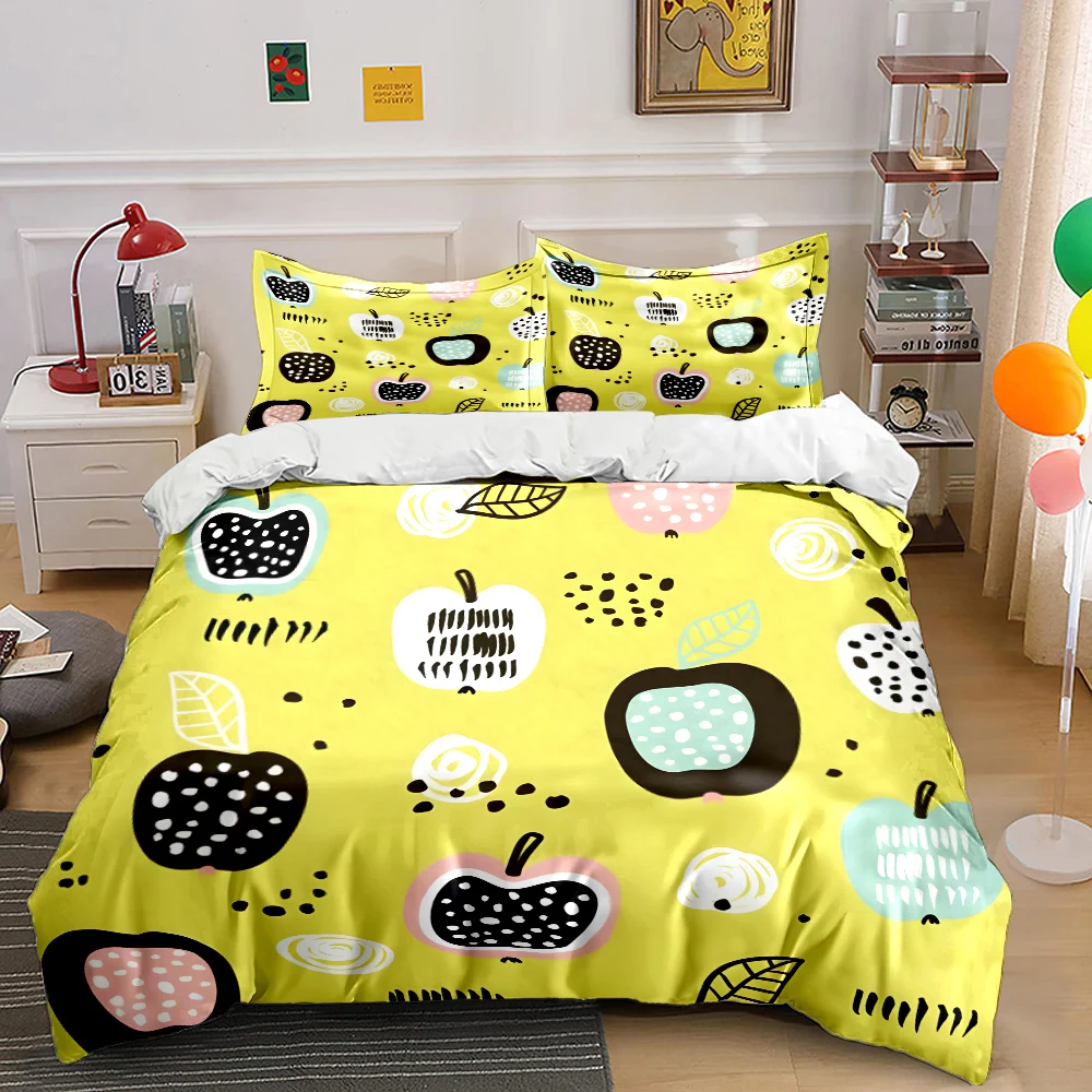 Hand-drawn apples on yellow background Duvet Cover Set Digital Print Colorful Polyester Bedding with Zipper Closur for kids gift