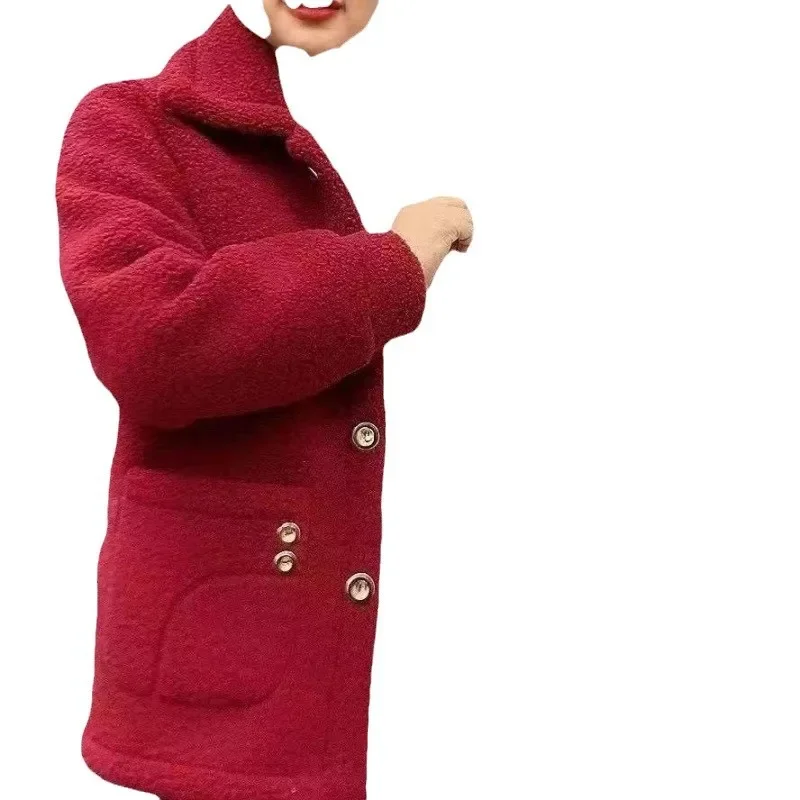 Dámská zesílená fleecová bunda střední délky, teplý svrchní oděv, jehněčí samet, maminčin styl, kabát, polyesterové vlákno, zimní kabát - náhled 4