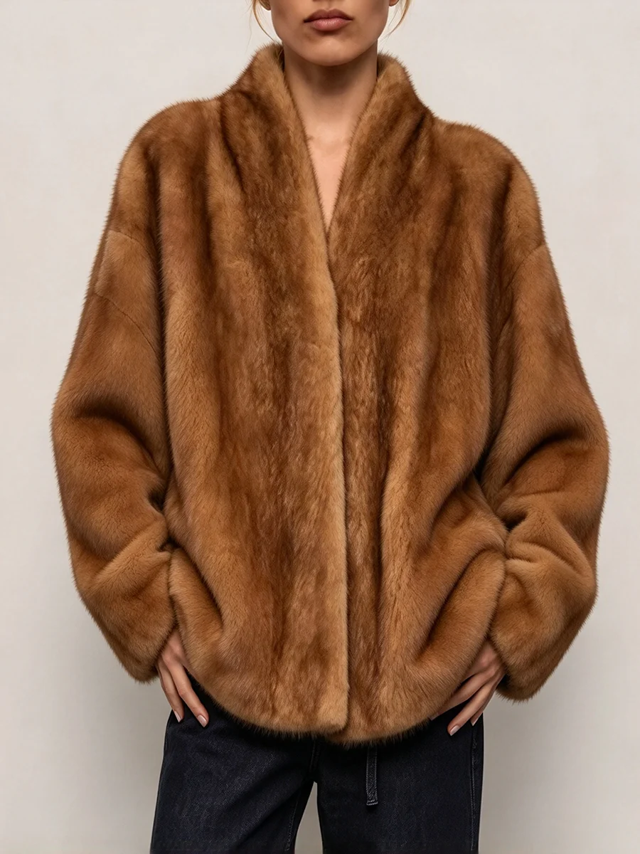 LIMO Women Faux Mink Fur Coat 2026 Winter Stand Collar Open Front Oversized Warm Luxury Outerwear