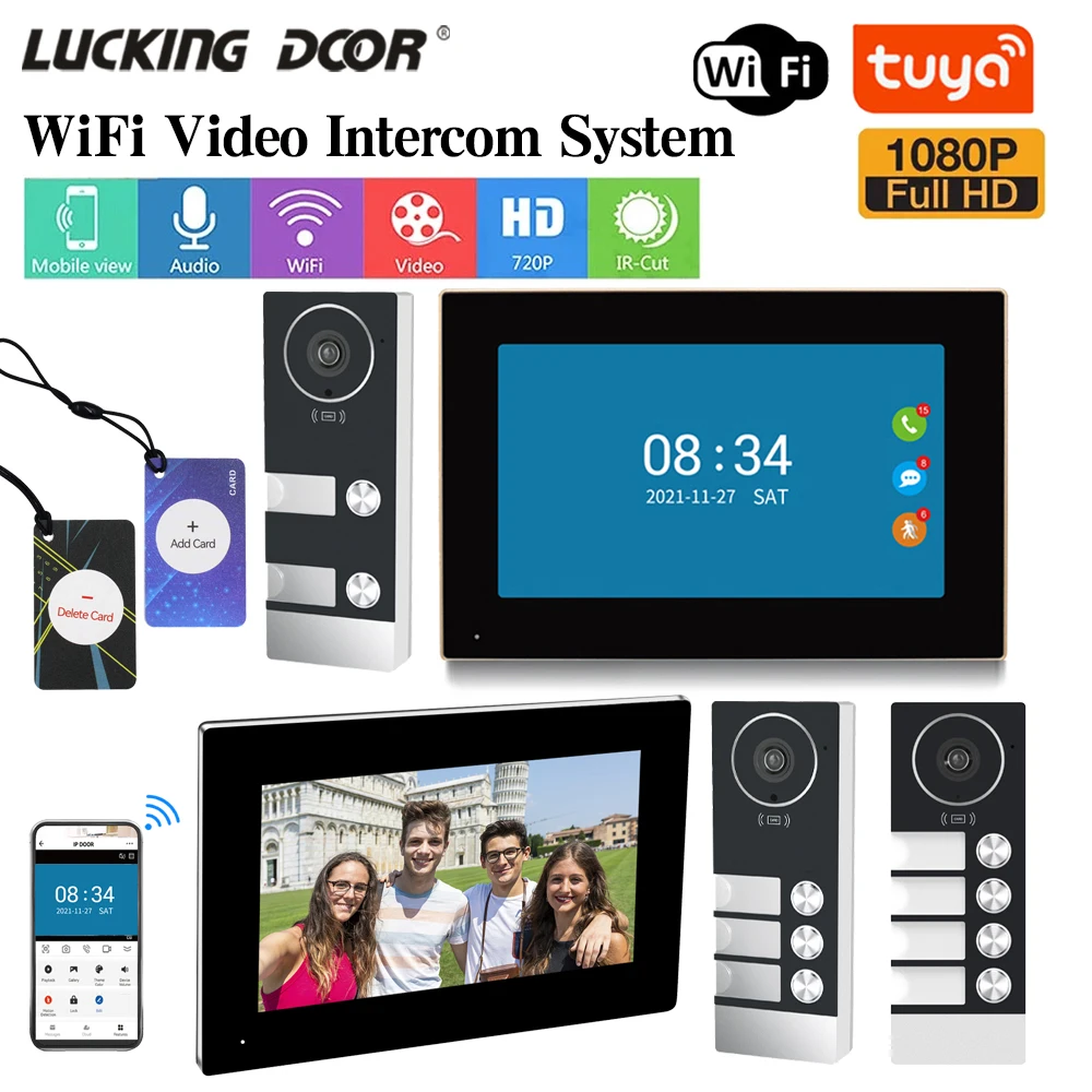 TUYA WiFi AHD Video Intercom Kits Doorphone Doorbell 10 Inch Touchscreen Monitor APP Card Unlock for 3 Family Building Apartment