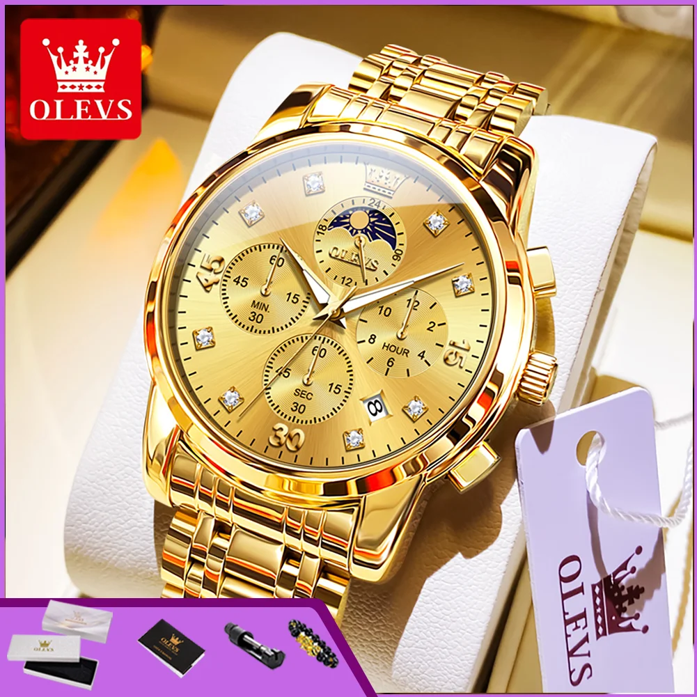 OLEVS 3652 Original Herren-Armbanduhr Luxus Golduhren Business 24-Stunden Mondphase Kalender Chronograph Quarzuhren für Männer