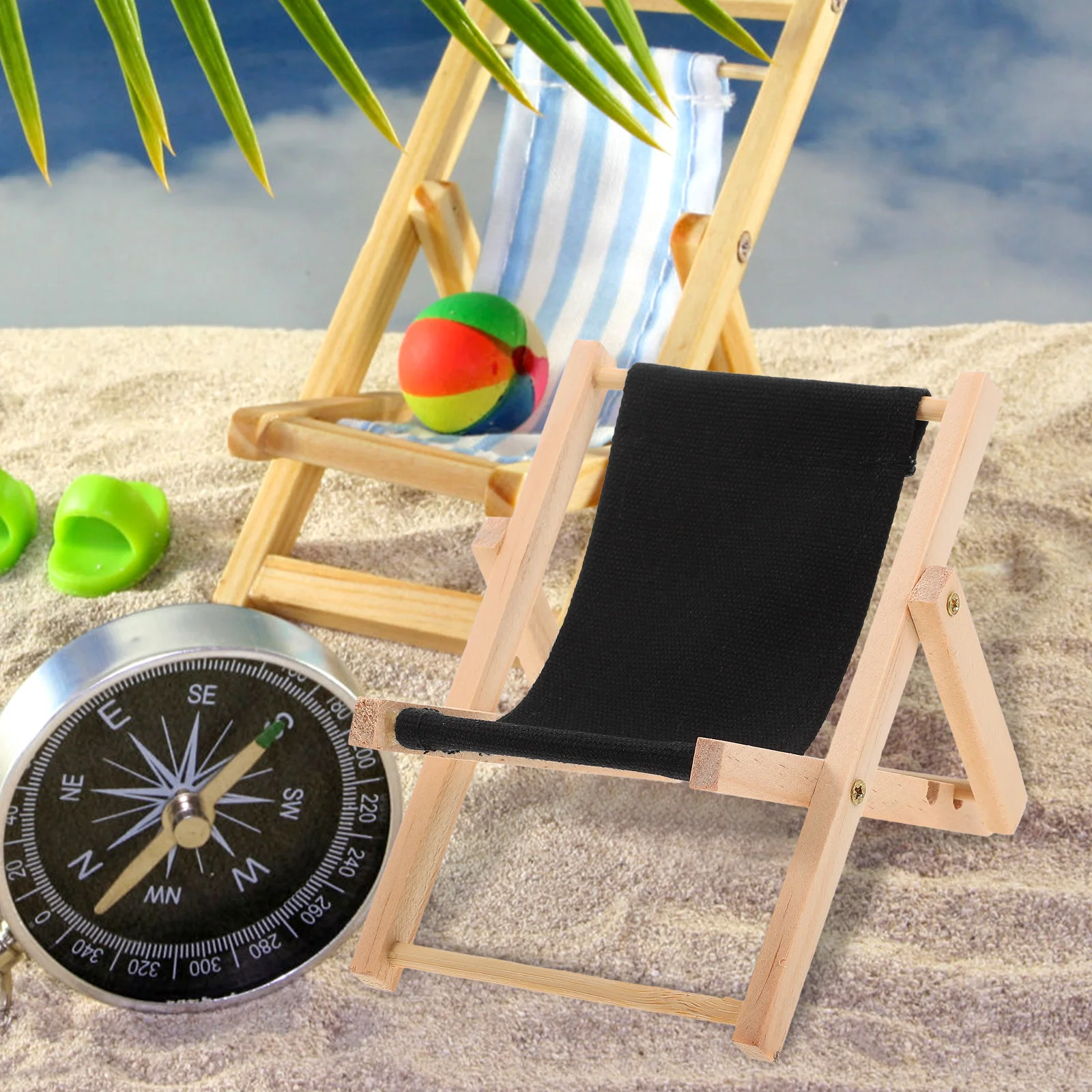 Mini chaise de plage pliable noire, meubles miniatures pour maison de poupée, accessoires de décoration, modèle d'exposition de jouets simulés en bois