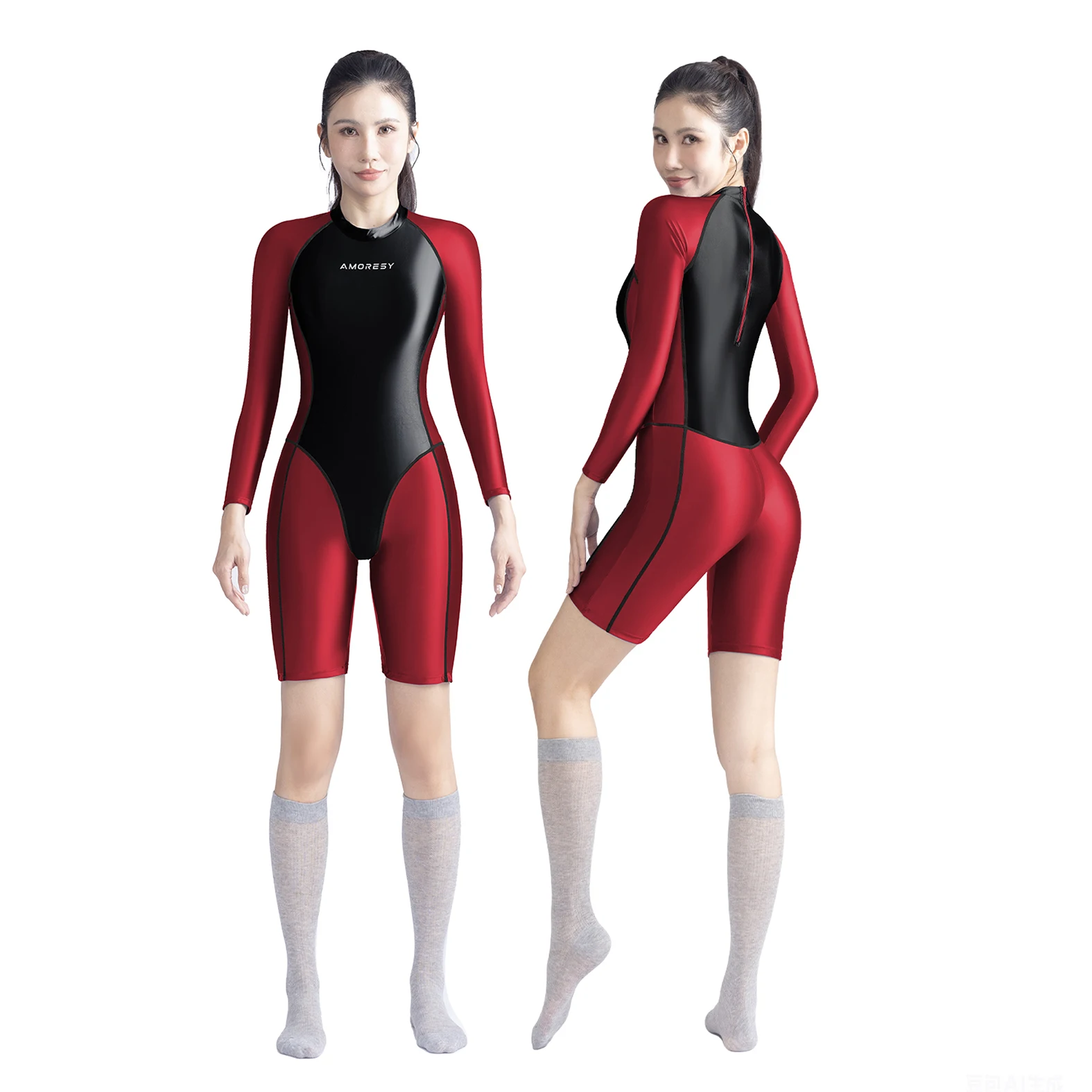 

AMORESY Women's Long-Sleeved Sporty Top Color-Block Capri Pants Waist-Cinching Slimming Fit Swimsuit Playsuit Leotard Jumpsuit