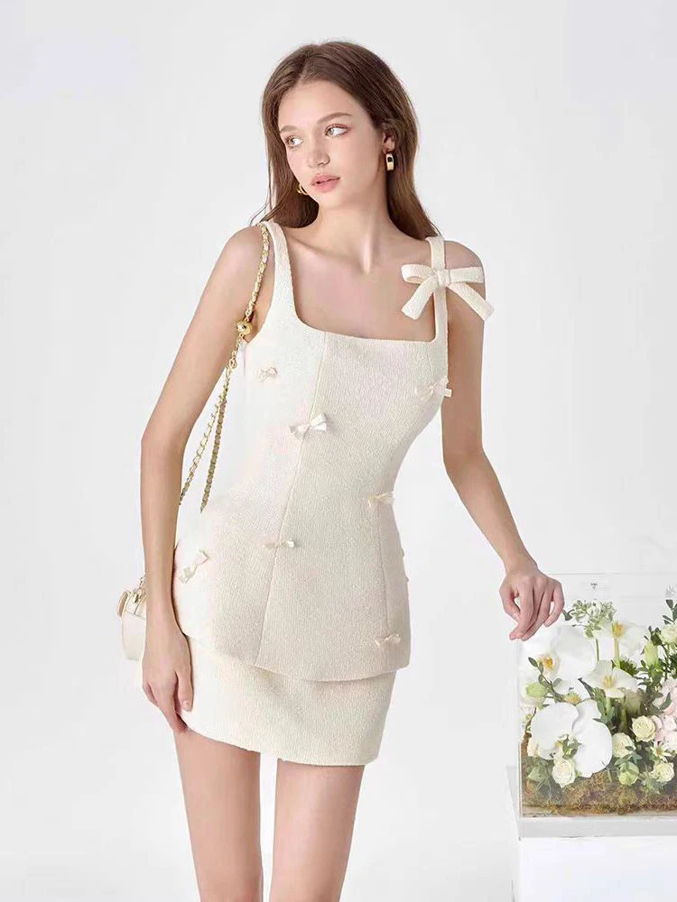 

Summer Casual Mini Skirt Outfit Spring Women Sleeveless Bow Camisole Vest Top+High Waist A Line Short Bust Skirt Two Piece Set