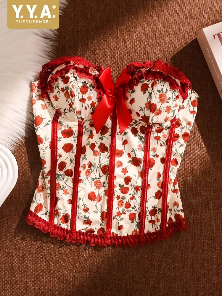 

Новая женская майка-топ в французском стиле с принтом роз, кружевная, сексуальная, облегающая, модная, с красным бантом, для ношения как верхняя одежда или нижнее белье