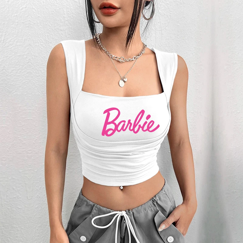 Summer Kawaii Barbie Women Short T-Shirts Anime Girls Sexy Slim-Fitting Crop Sleeveless Tops Female Suspender Tank Shirts Gifts