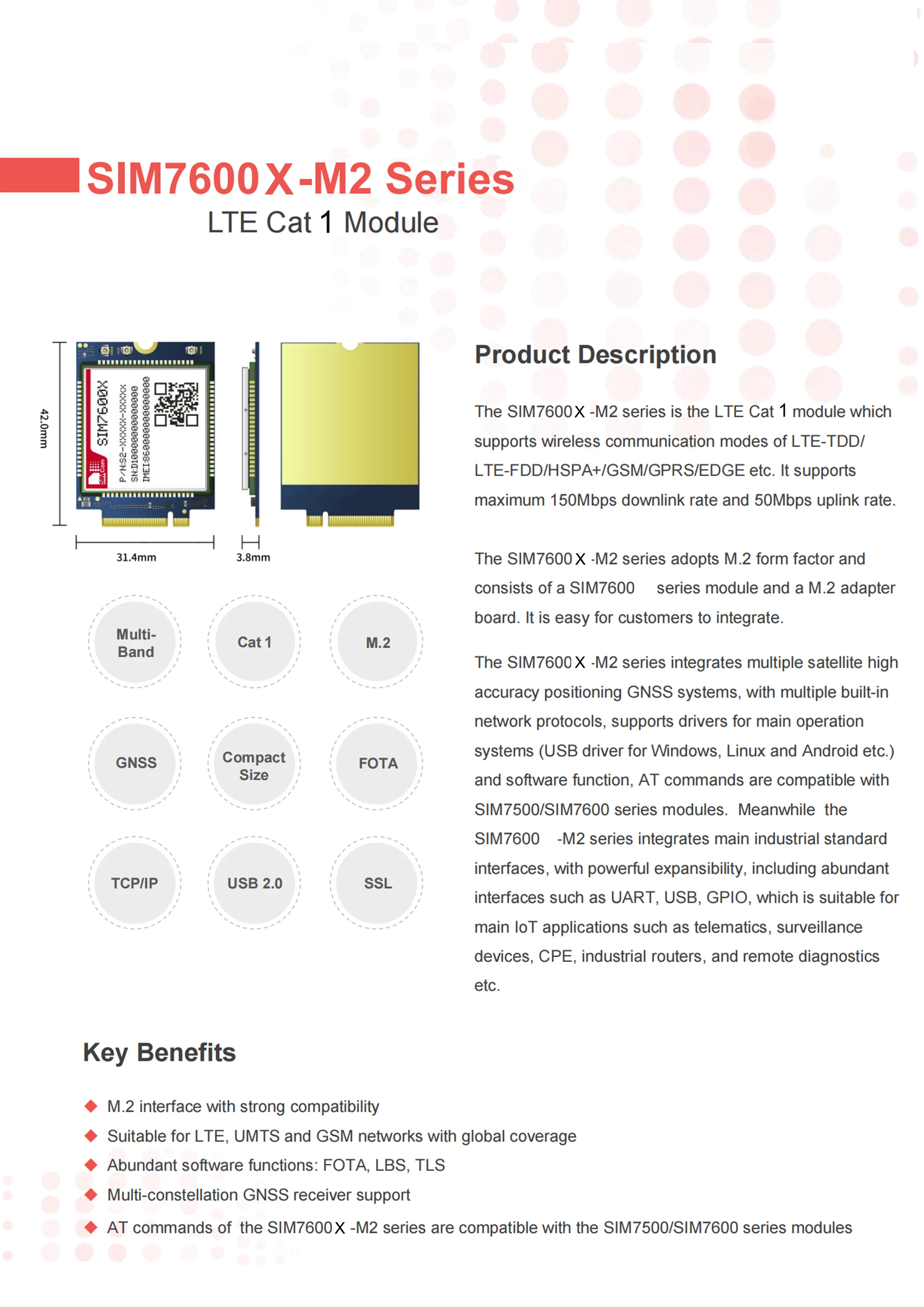 Moduł SIMcom CAT4 LTE SIM7600G SIM7600E SIM7600E-L1C SIM7600SA M.2 1szt.