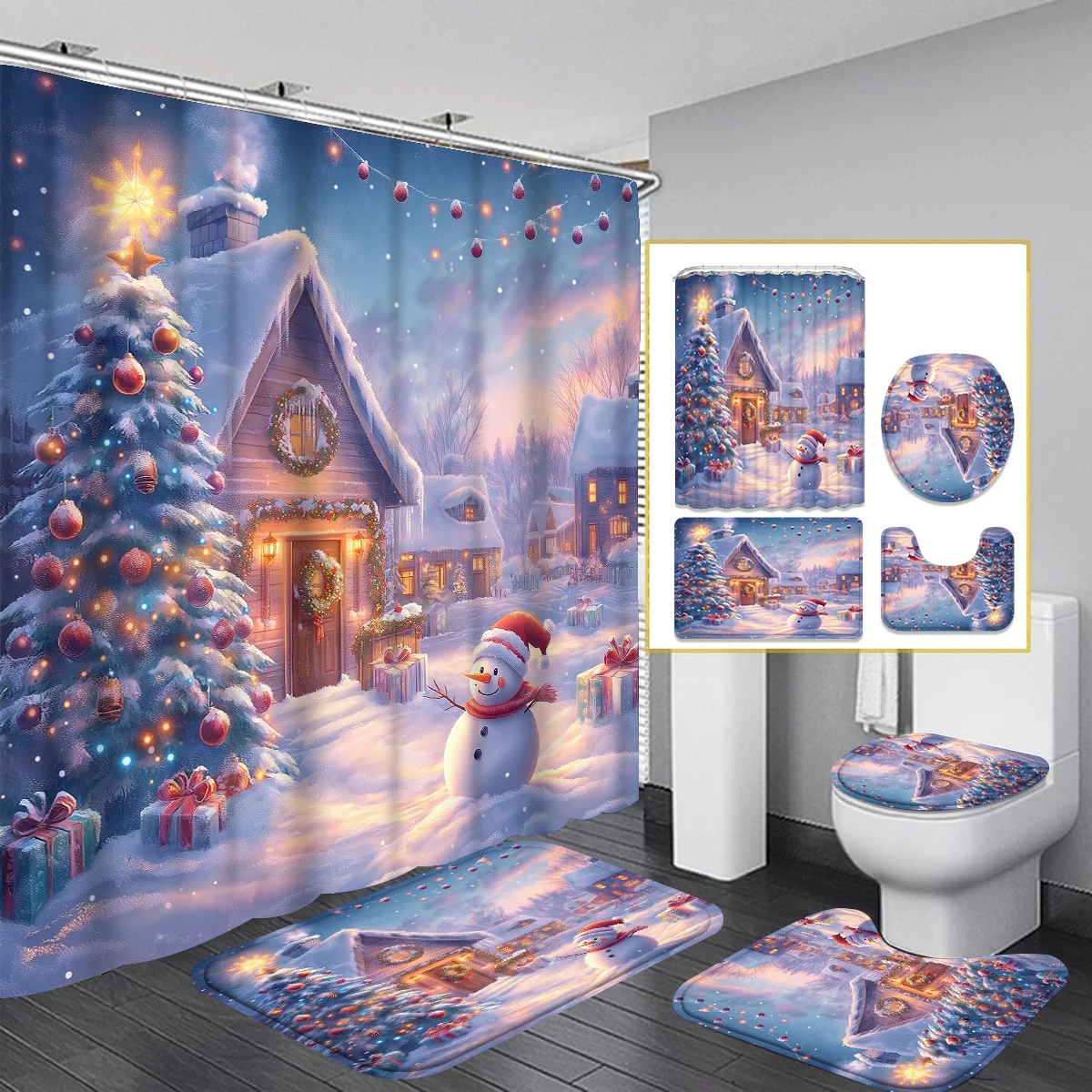 

4 шт. Рождественский набор для ванной со снеговиком, снежинки, огни деревьев, красочные занавески, нескользящий коврик, U-образный чехол, подушка для сиденья, 12 крючков в комплекте