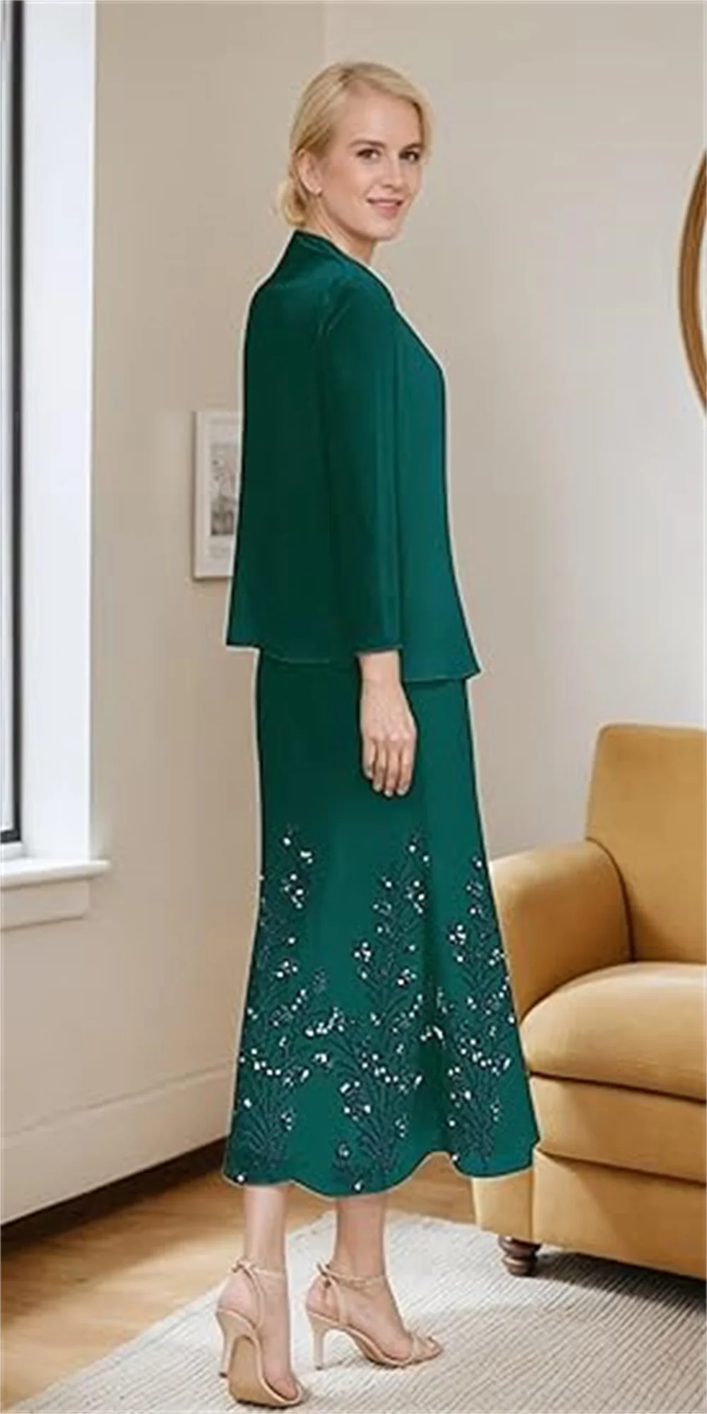 Vestidos personalizados para madre de la novia, 2 piezas, longitud del té, mangas largas, encajes de gasa, apliques, vestidos de noche formales con chaqueta