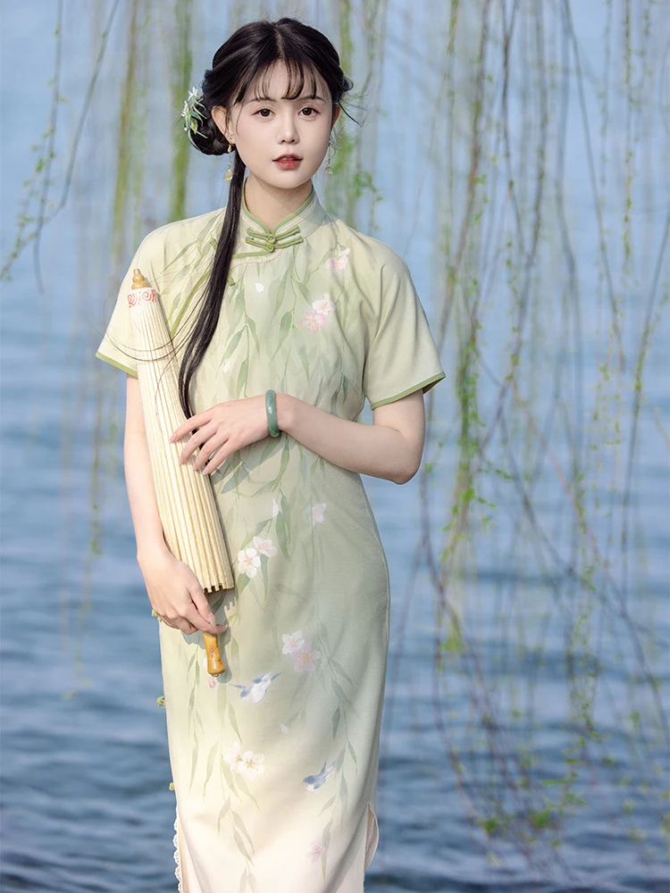 

Chuan Dai iguang Spring Lacape Floral Print Midi Dr Women's Waist-Cinching Sle Chinese Faion Hanfu Dr