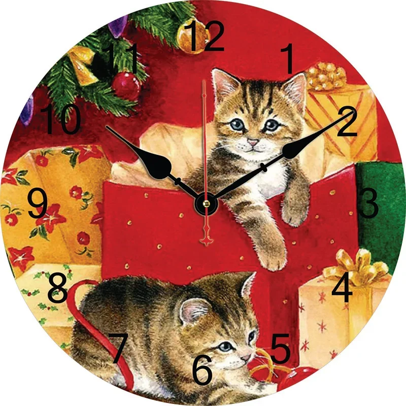 القط عيد الميلاد ساعة الحائط ، الساعات الصامتة المستديرة ، الحائط ، الفن ديكور للمنزل ، غرفة نوم ، غرفة المعيشة ، مكتب الديكور