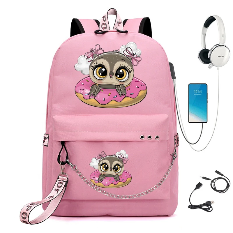 Bolsa de escola fofa donut coruja para meninas, design de anime, mochila infantil, mochila estudantil, manga desenho animado