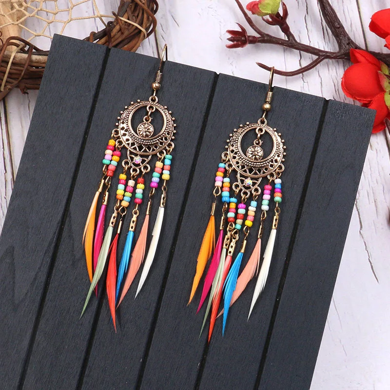Bohemian Feather Earrings 2024 Ethnic Vintage Rainbow Colorful Beads Tassle For Women Hawaiian Jewelry