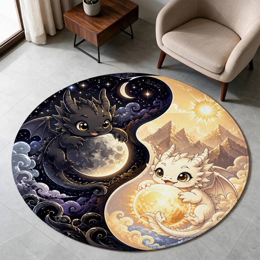 Cute Cartoon Moon Dragon and Character Sleeping on Crescent Moon Area Rug for Kids Nursery Play Mat