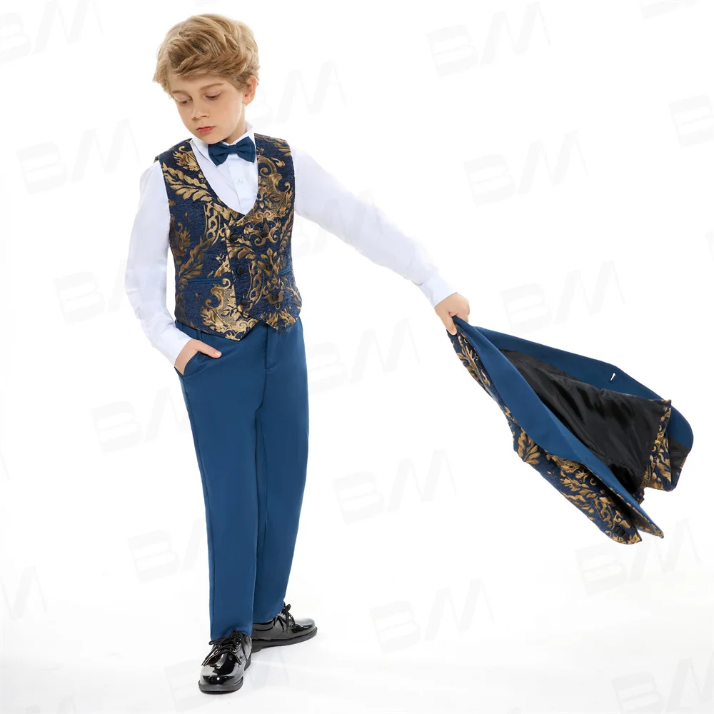 Children Navy Jacket Vest Pants Bowtie 4PS Piano Party Dress Kids Ceremony Photograph Suit Flower Boys Performance Costume