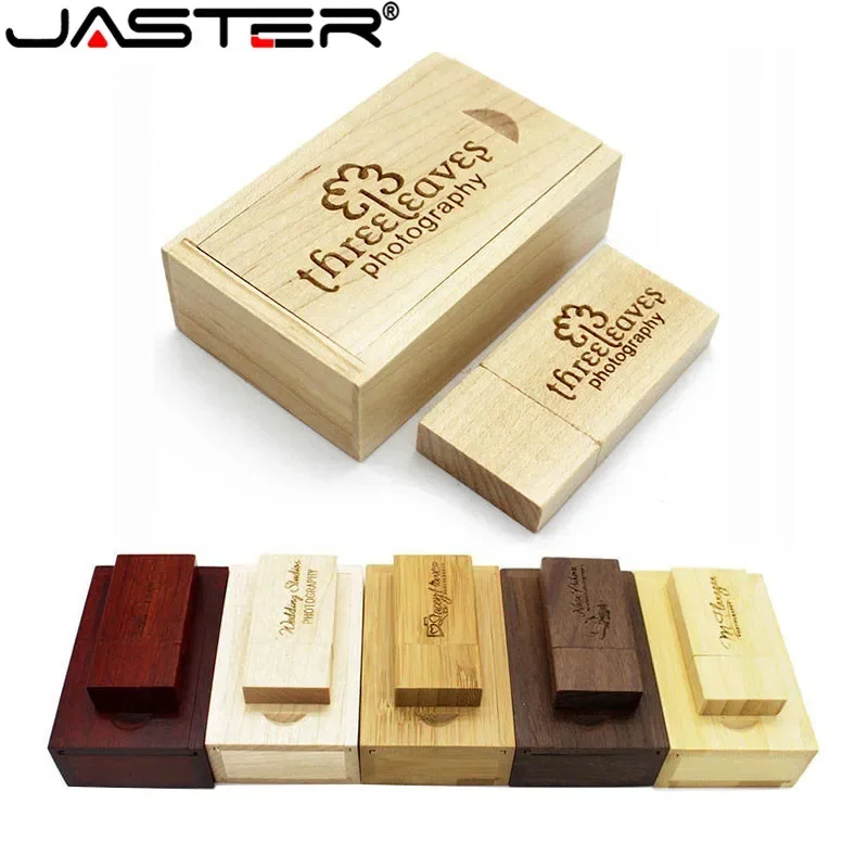 JASTER-Pendrive de madeira com logotipo personalizado gratuito, USB Flash Drive 2.0, Memory Stick, gravação a laser, presentes de casamento, 128GB, 64GB, 16GB, 32GB, 8GB