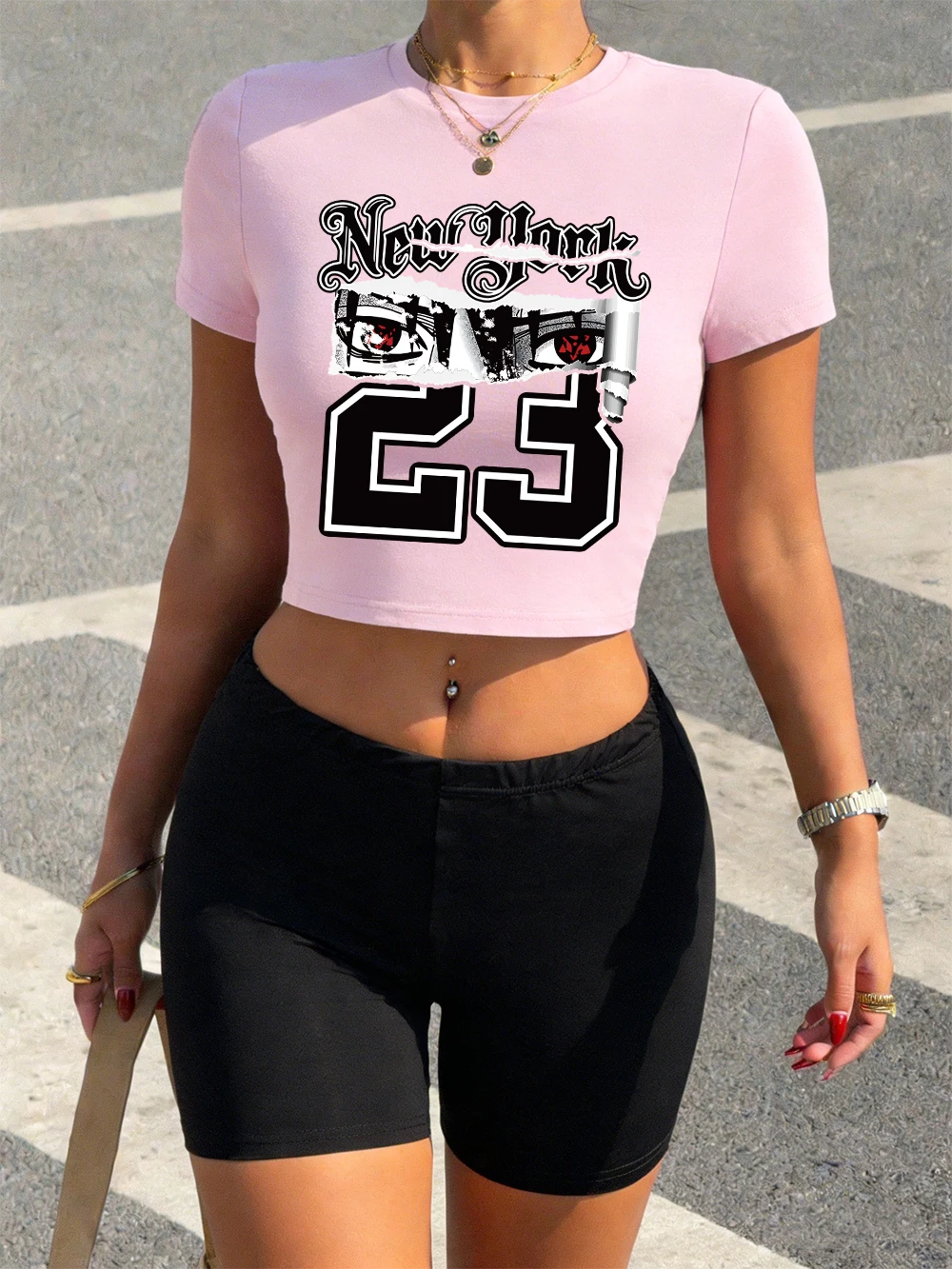 Sommer New York Nummer 23 Ninja-Print Crop T-Shirts Shorts Damen Zweiteiler Set Tops Hosen Hochelastisch Weich Schmal Geschnitten O-Ausschnitt Kleidung