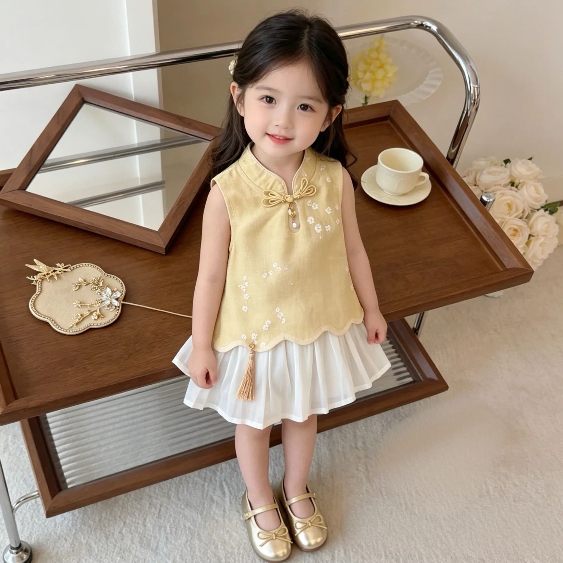 Girls Dress Baby Western-style Fake Two Piece Chinese Style Dresses Buckle Mesh Vest Children Dress